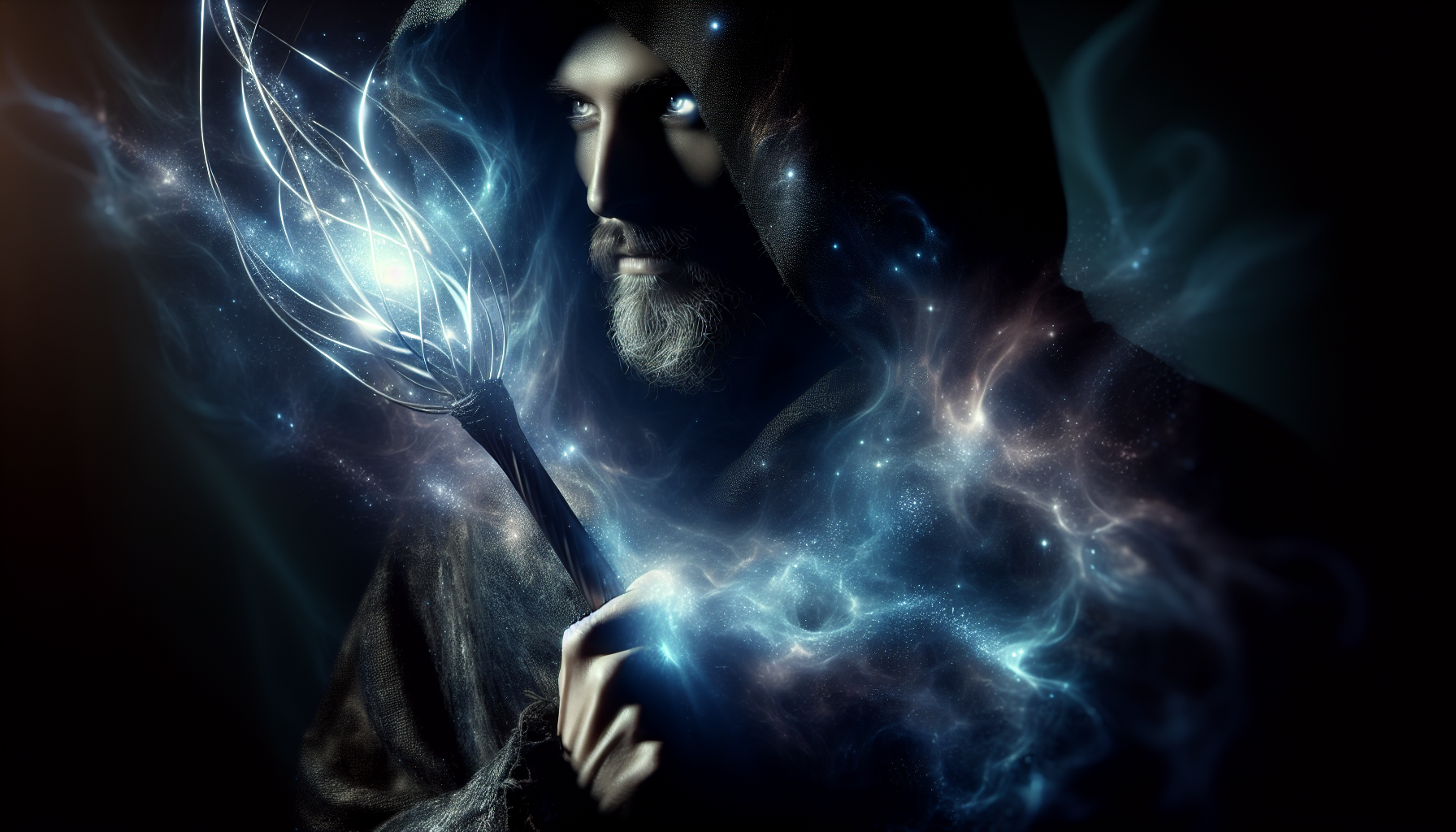 A warrior of shadows holding a glowing cosmic spear, eyes lit with starlight, never retreating.
