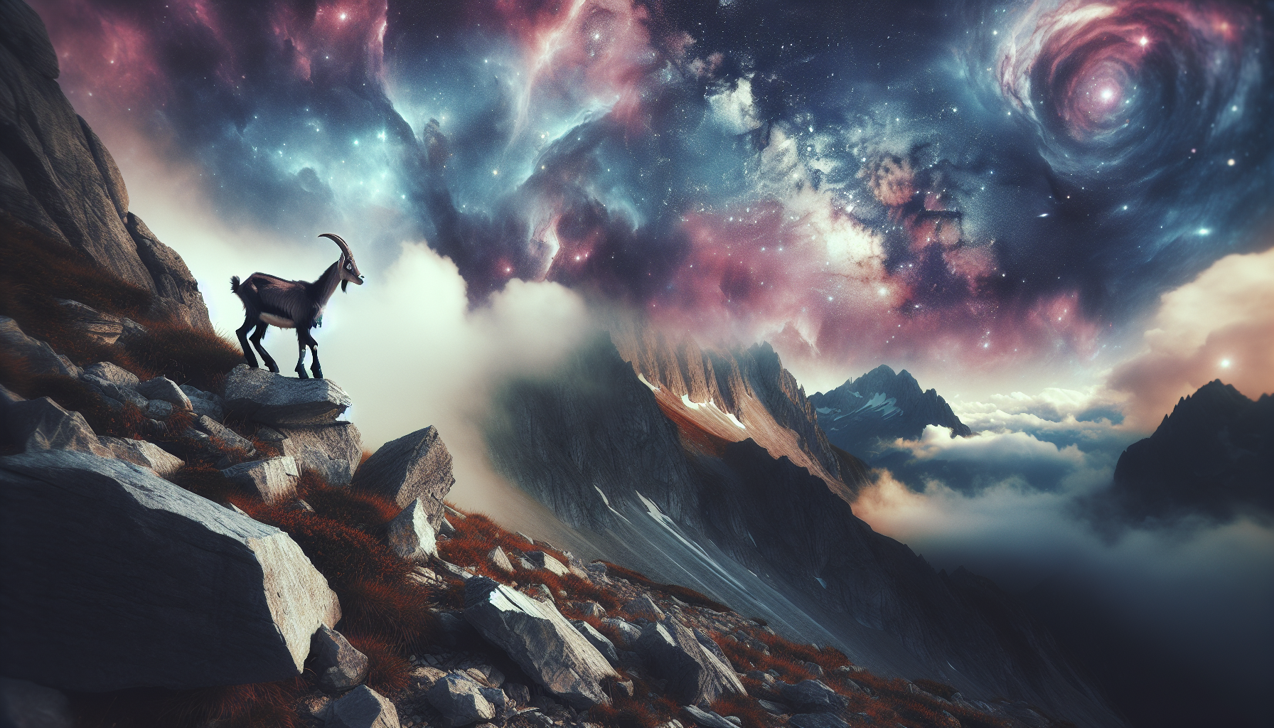 A mountain goat standing on crumbling rocks, stars swirling behind it, searching for a new path, cinematic astrology tones.