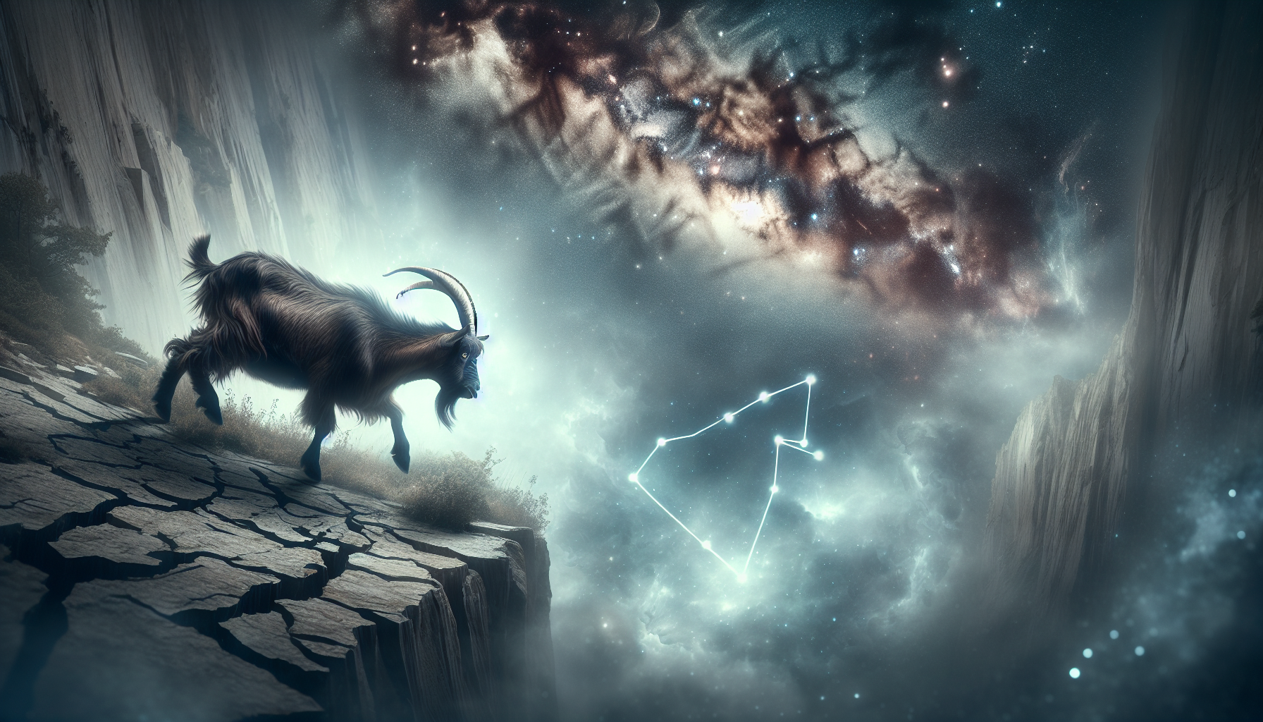 Capricorn goat climbing sideways across a fractured cliff, faint zodiac constellation glowing above, cosmic fog surrounding the path.