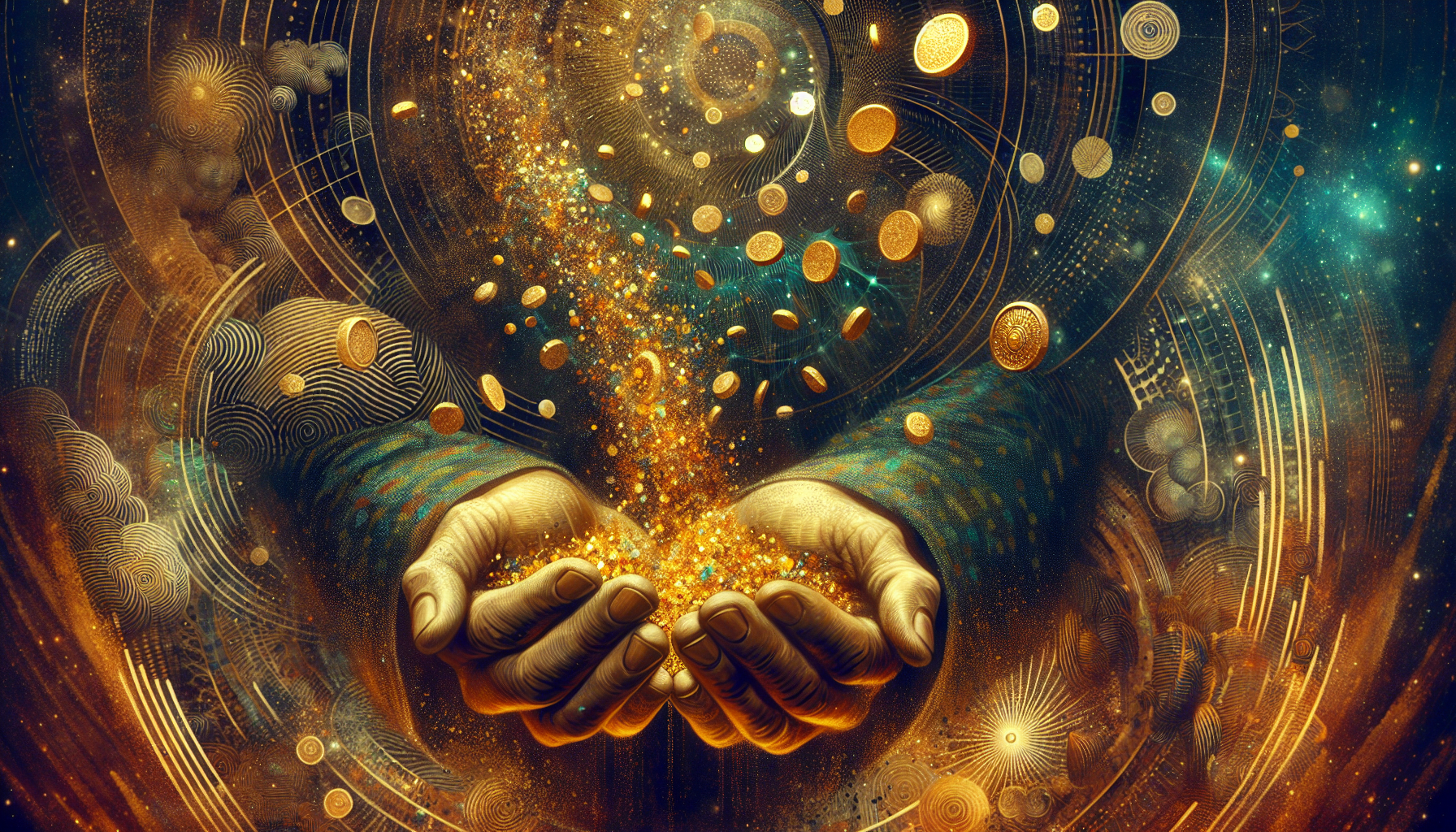 A figure holding golden coins in cupped hands, but the coins dissolve into sand and fall away into the cosmic void, muted tones.
