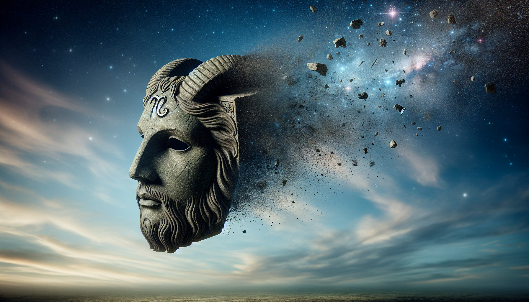 A stone Capricorn mask falling from the sky, breaking apart into dust and stars.