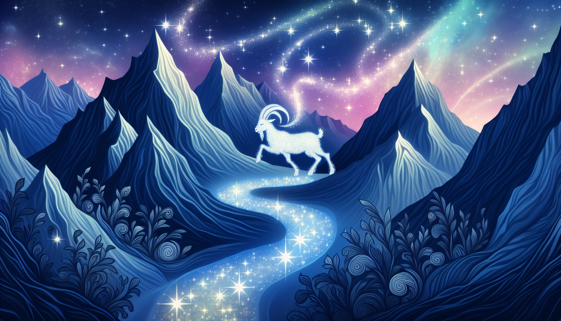 A river of starlight winding through cosmic mountains, goat stepping confidently along its flow.