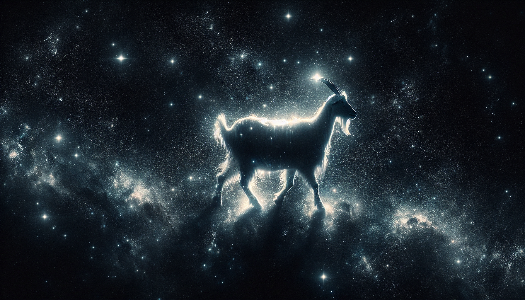 A lone goat glowing faintly in the center of cosmic darkness, stars lighting its path.