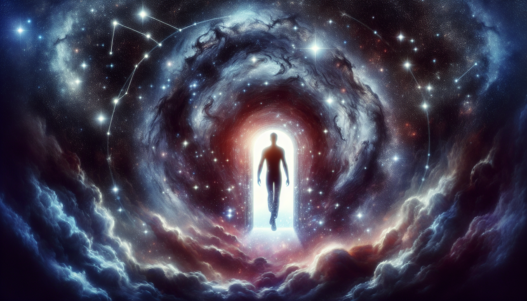 A cosmic doorway fully opened, figure stepping into radiant starlight, Capricorn constellation shining above, final ascension.