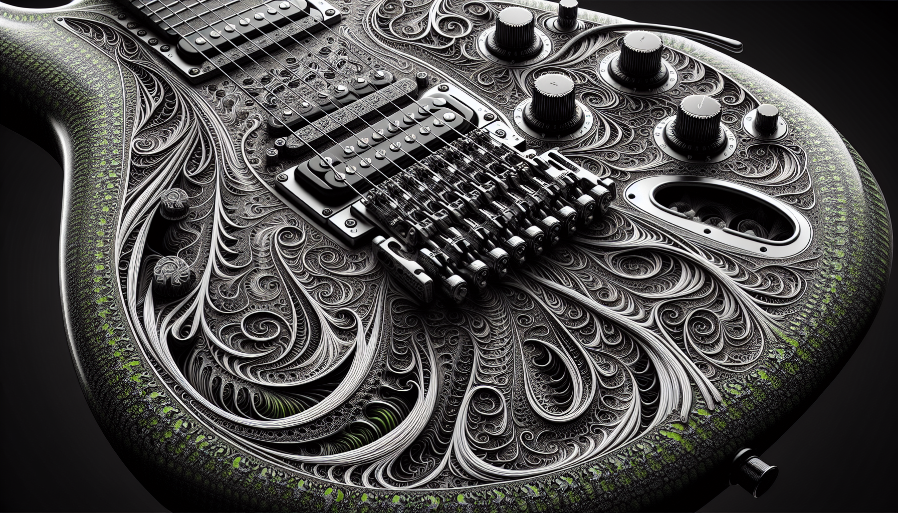 full electric guitar with random lime and black engraved fractals texture