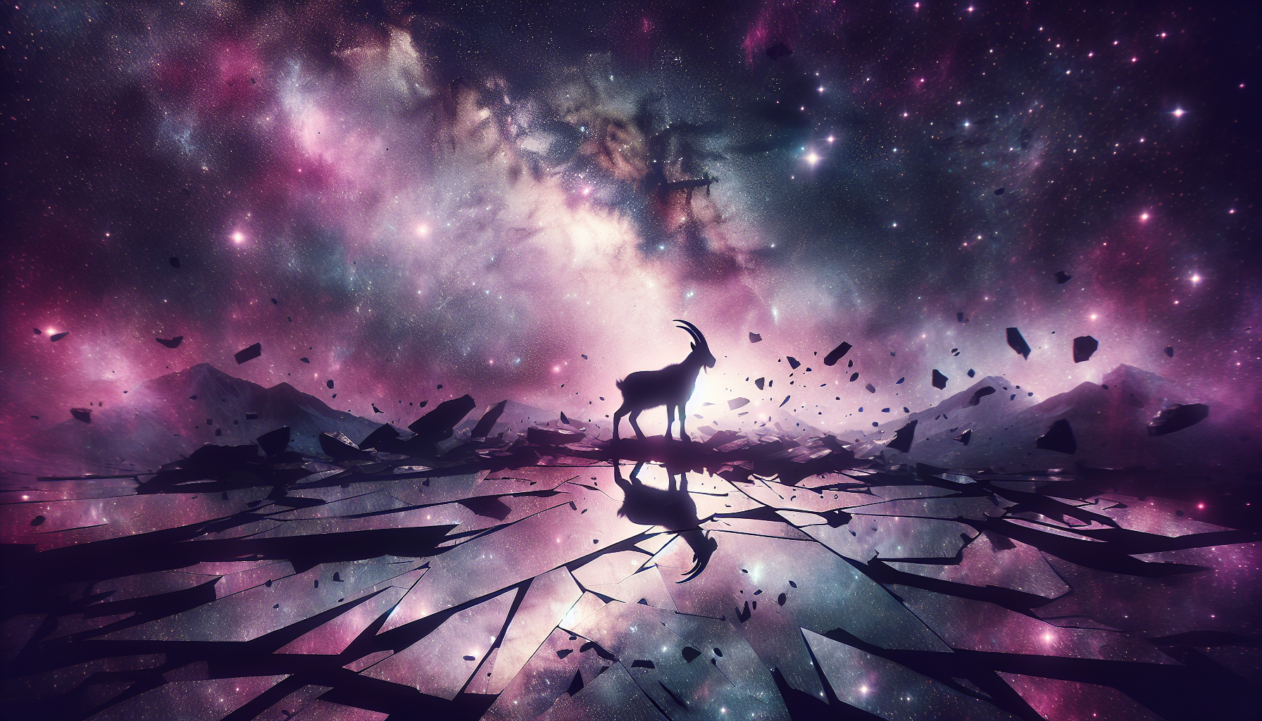 Broken reflective cosmic surface with faint stars, deep purples and black, mountain goat silhouette reflected, low contrast.