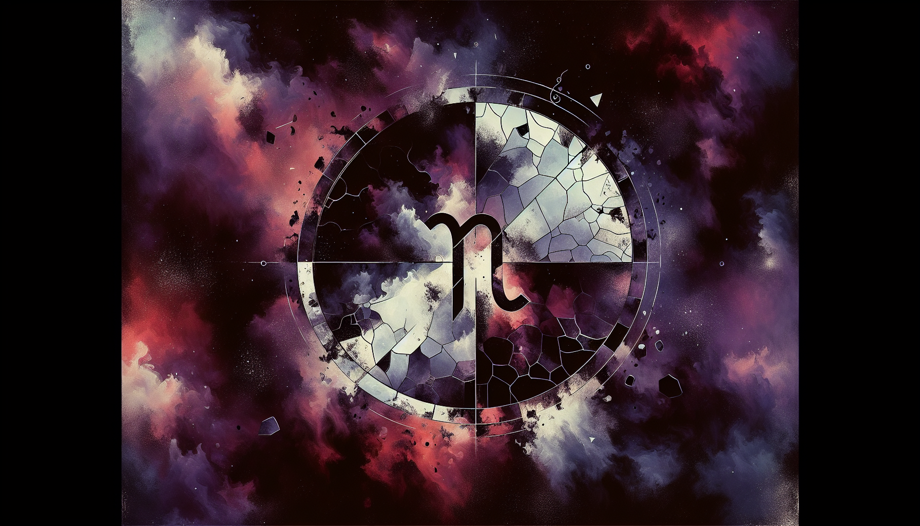 Fragmented cosmic mirror reflecting deep black and muted purple figures, faint Capricorn glyph.