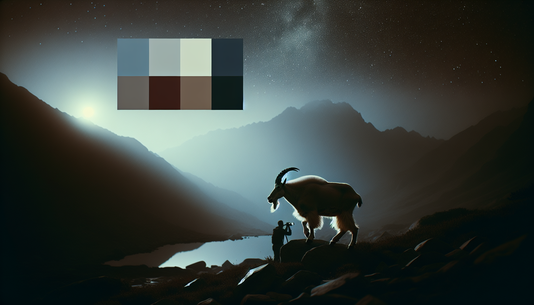 Mountain goat stepping from shadows into faint starlight, muted tones.