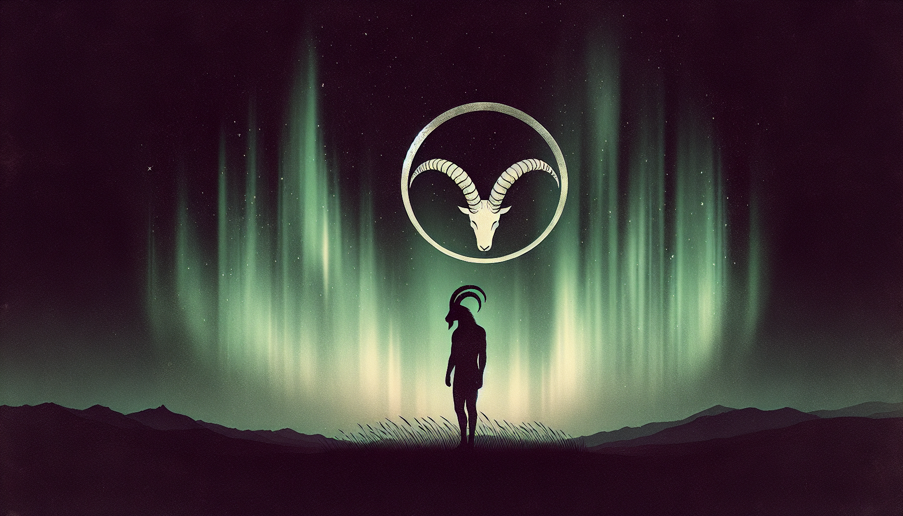 Soft muted aurora in deep cosmic black sky, Capricorn figure standing quietly.