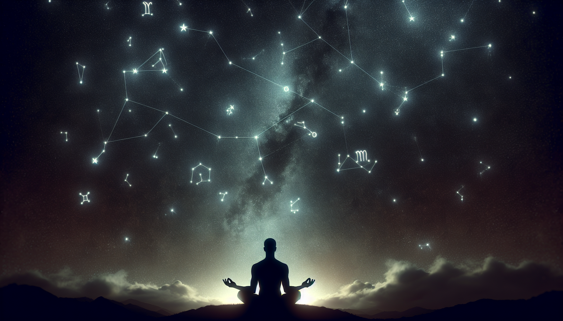 Shadowed figure meditating under muted starlit zodiac canopy.