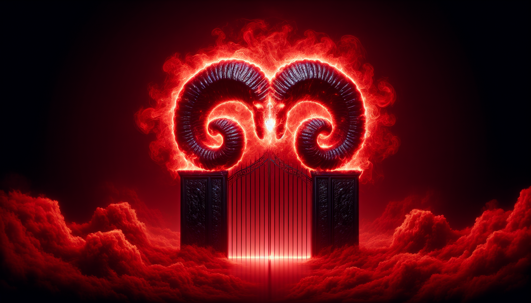 A colossal obsidian gate glowing with ♈🐏 as crimson mist swirls endlessly.