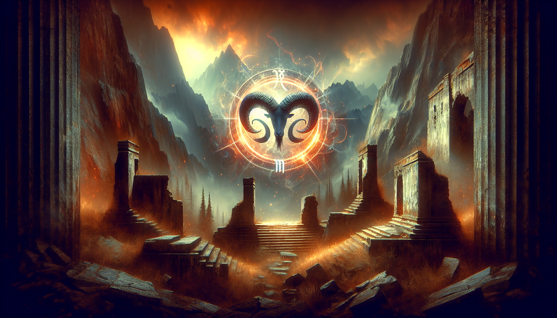 An ancient mountain temple in ruins, only ♈🐏 glowing at its center.