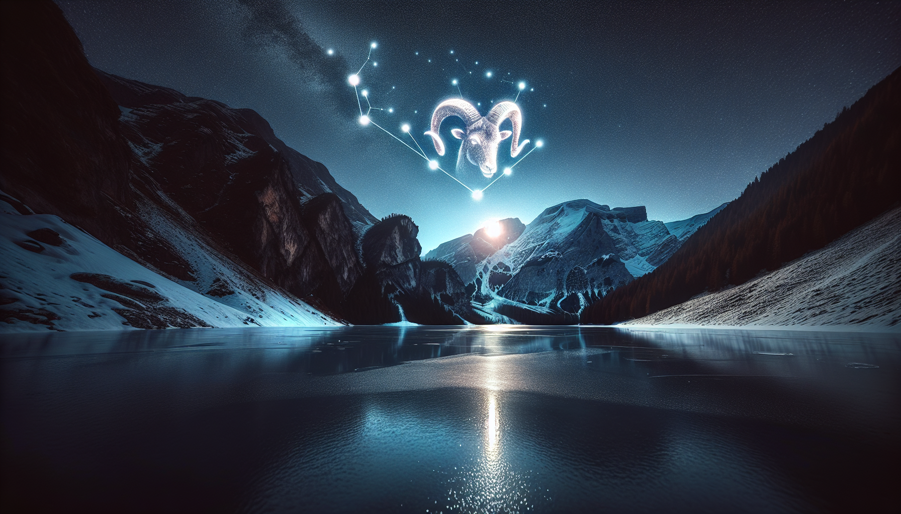 A frozen mountain lake reflecting ♈🐏 glowing under the night sky.