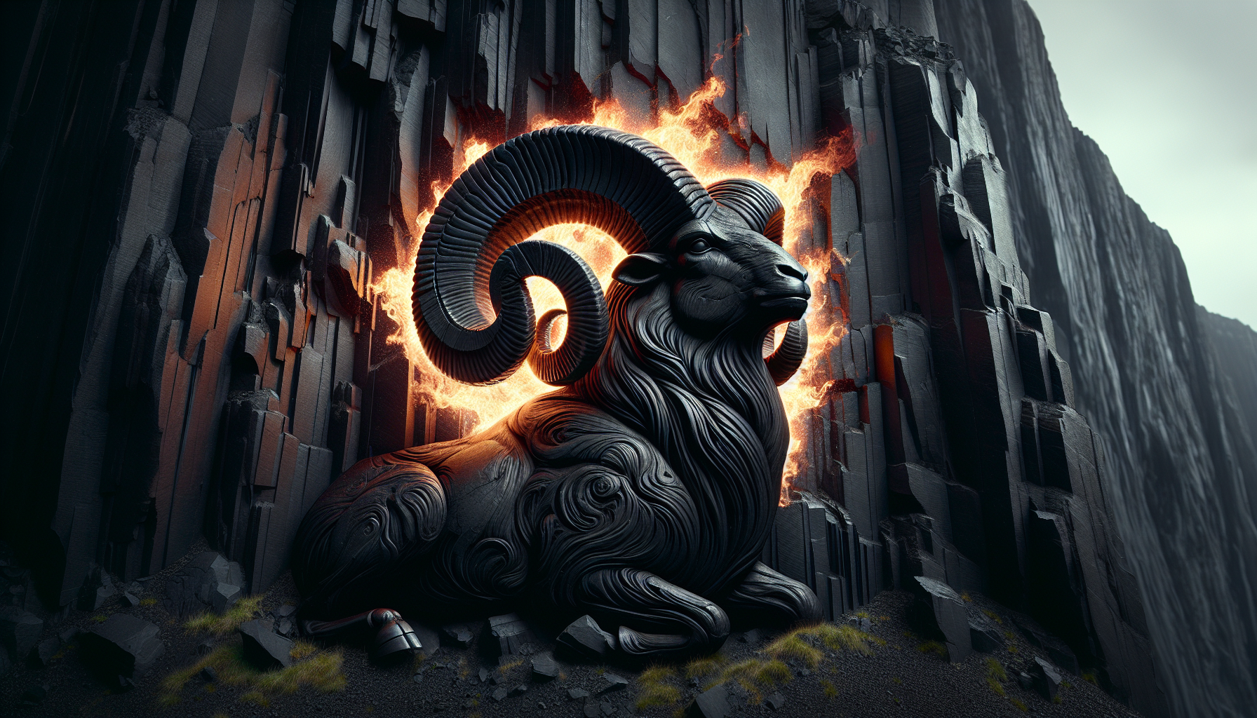 A ram 🐏 carved into obsidian cliffs, its horns spiraling into a blazing ♈.