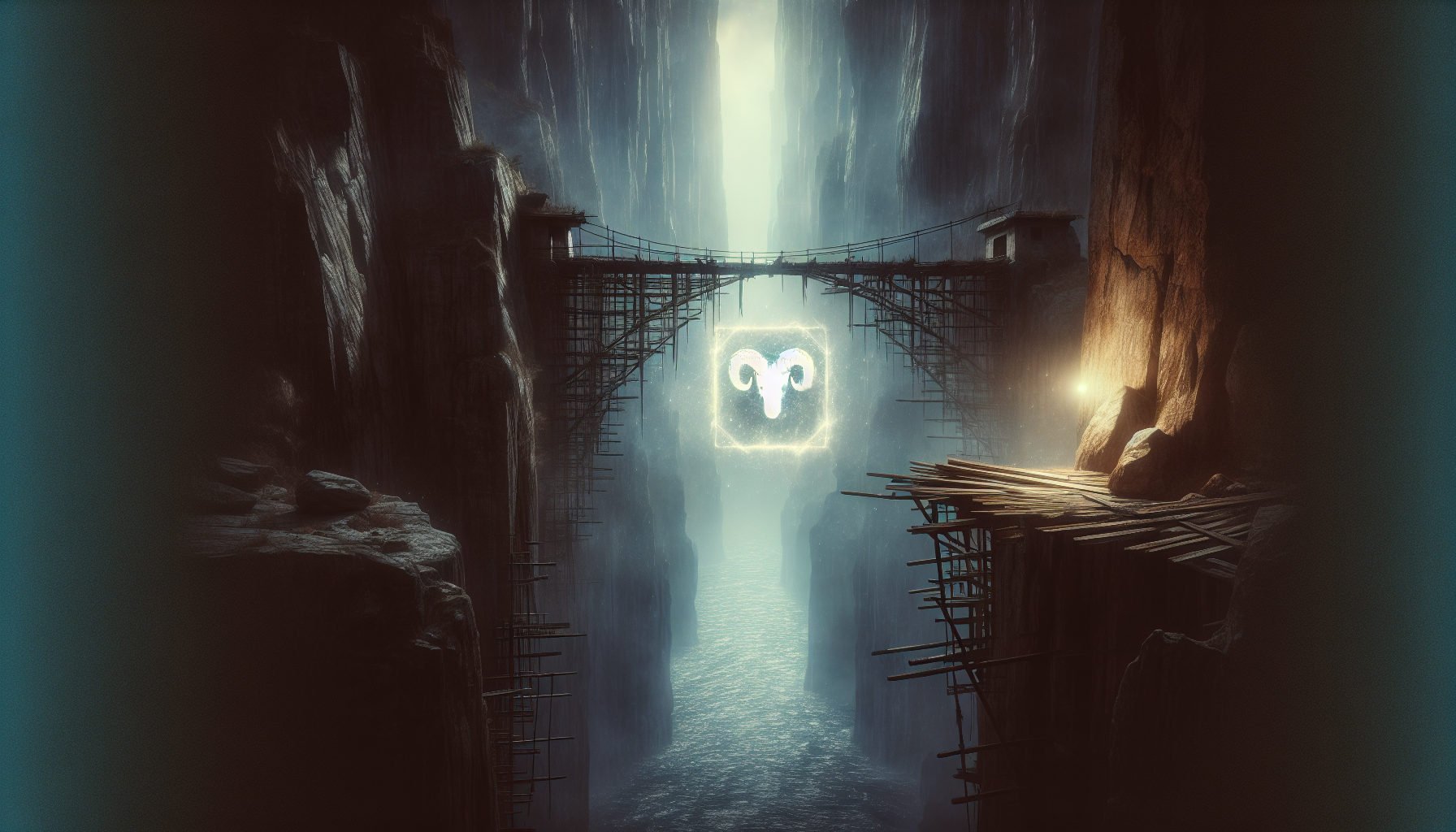 A broken bridge across cliffs, glowing ♈🐏 floating in the void between.