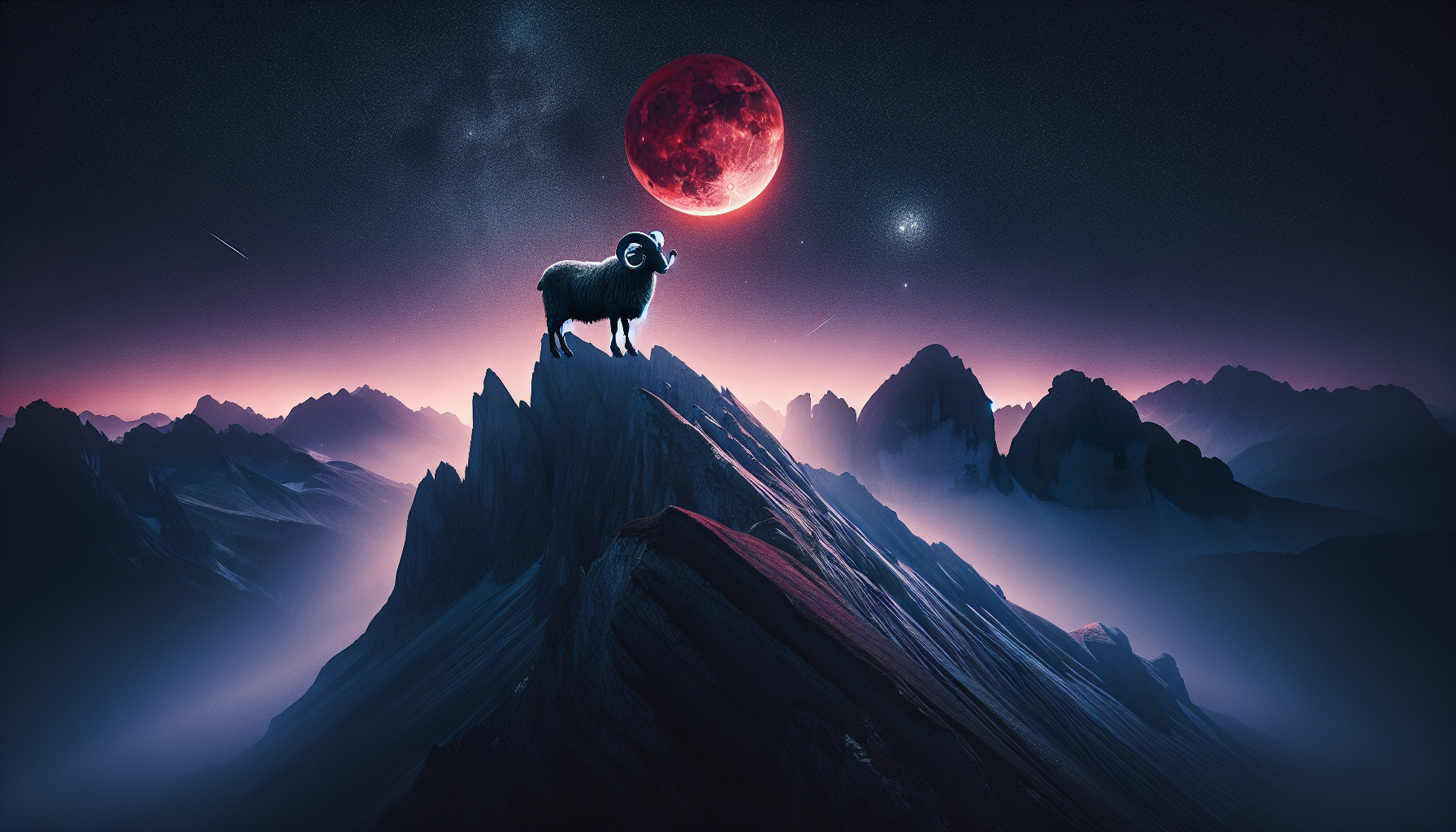 A lone Aries ram ♈🐏 standing on a sharp mountain peak under a glowing red moon, dark skies filled with purple haze.