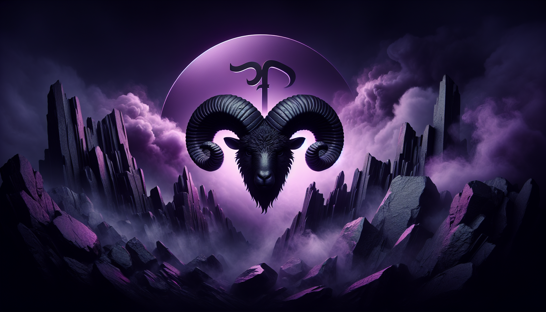 A fierce Aries ram ♈🐏 surrounded by black jagged rocks, purple mist rising around it.