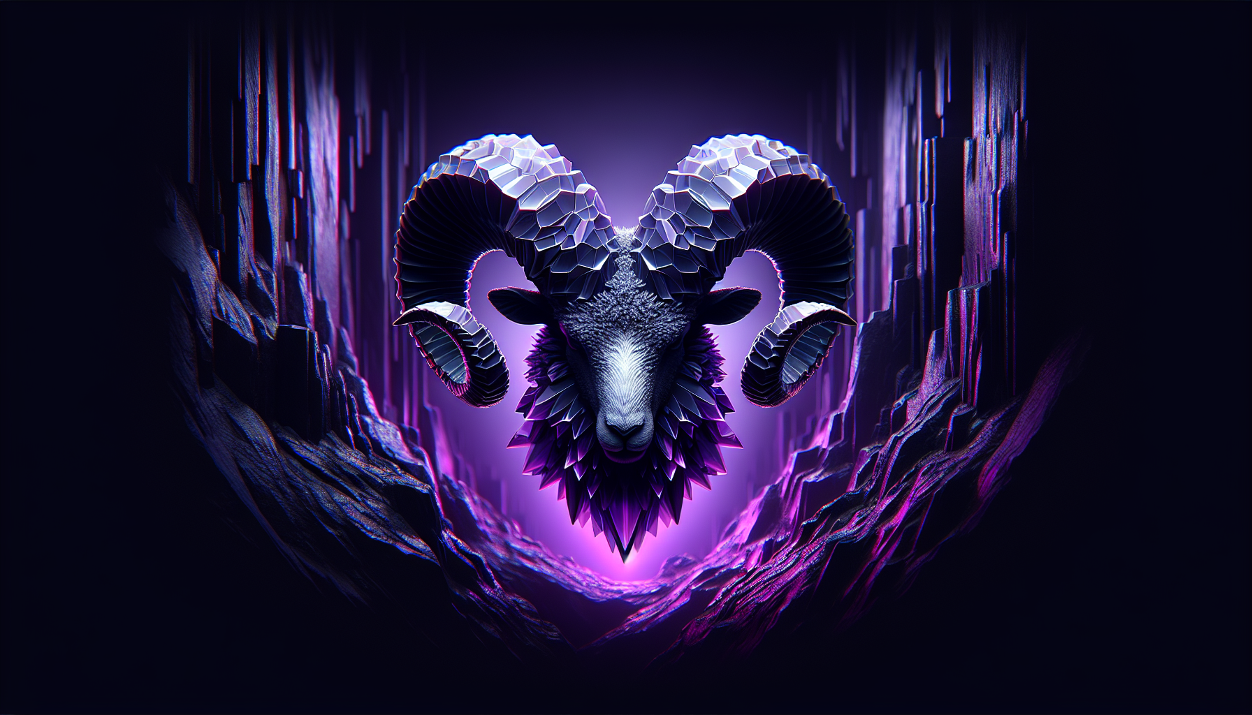 An Aries ram ♈🐏 with sharp, crystal-like horns glowing purple, standing on a black cliff edge.