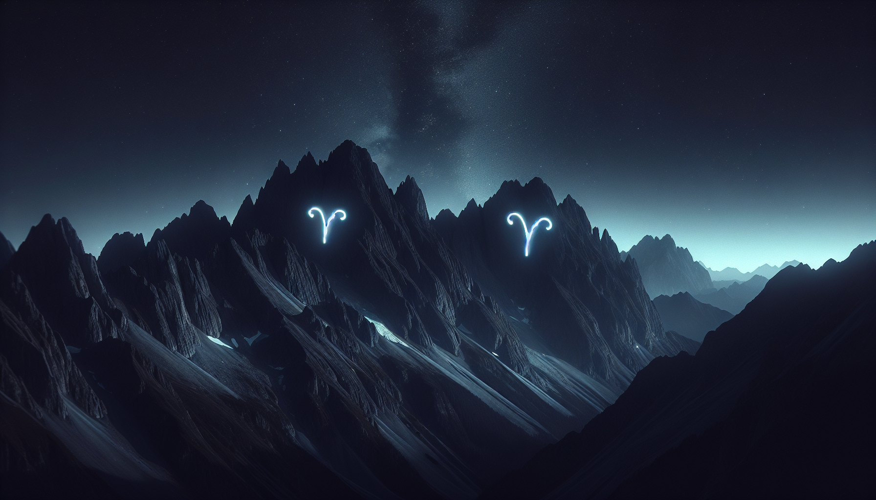 A black mountain range with glowing Aries glyphs ♈ etched across its peaks.