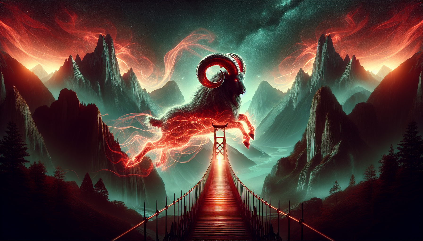 A ram ♈🐏 charging across a red glowing bridge between mountains.