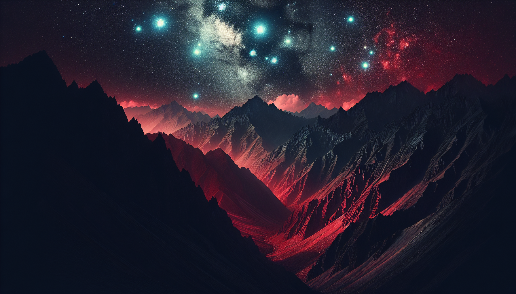 Aries constellation glowing above sharp mountain ridges in black and red.