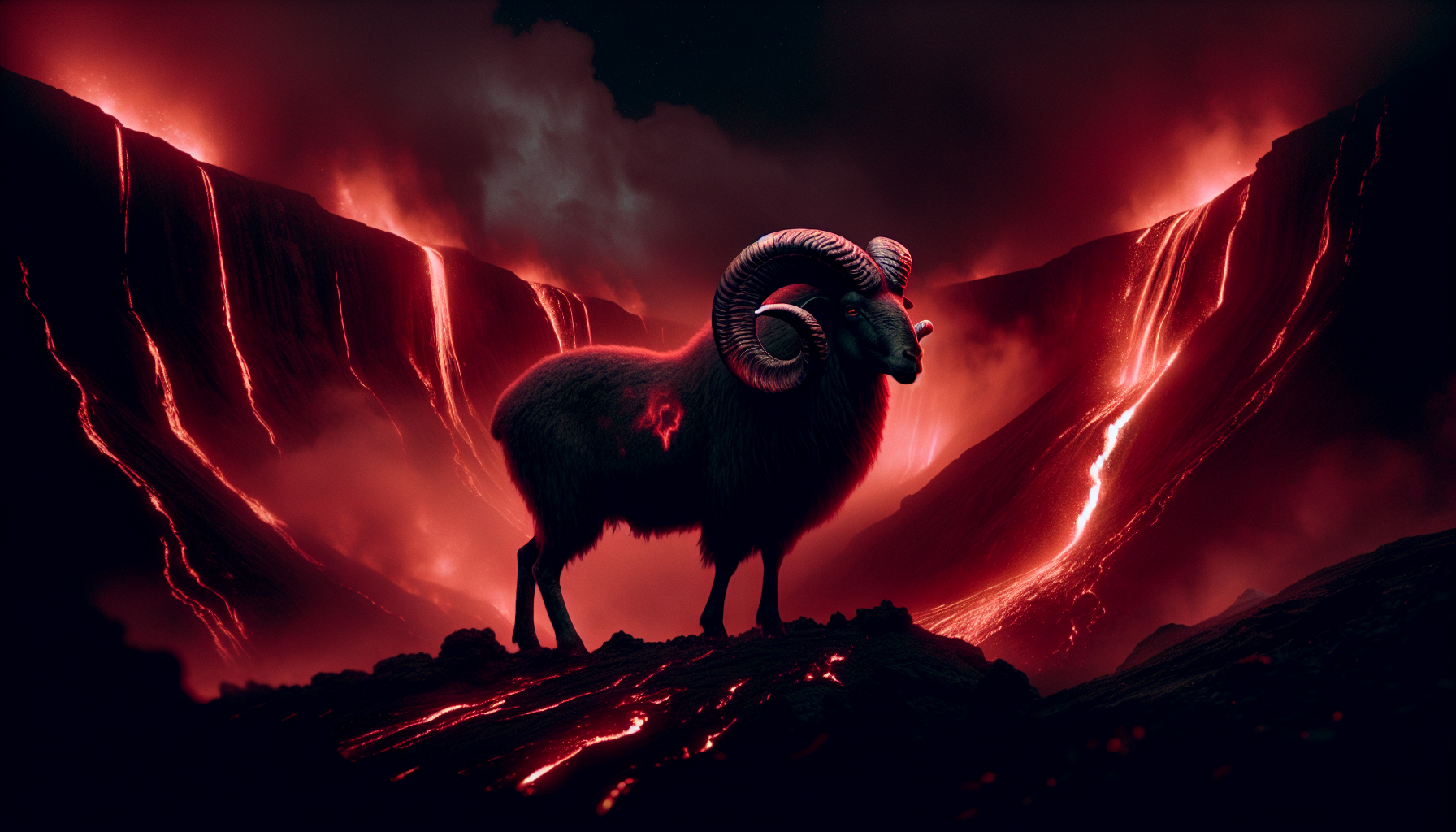 A ram ♈🐏 standing proudly on black volcanic cliffs with red lava glow beneath.