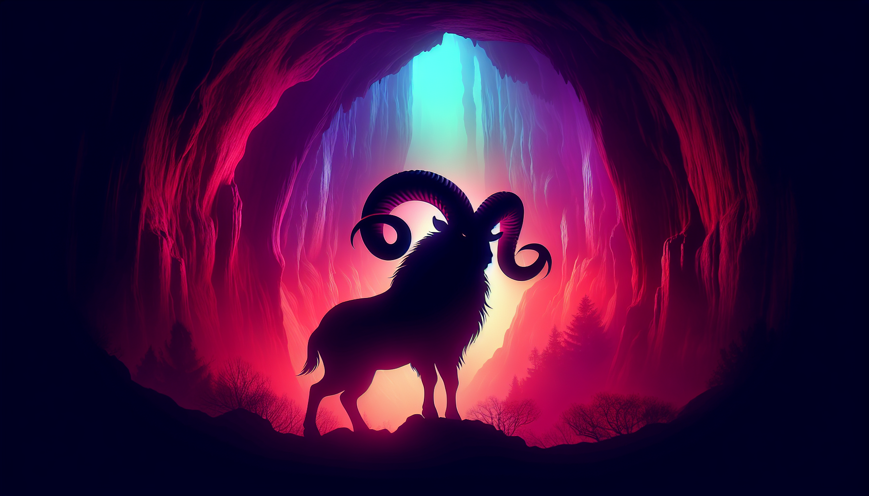 A mystical cave glowing red and purple with a ram ♈🐏 standing at its entrance.