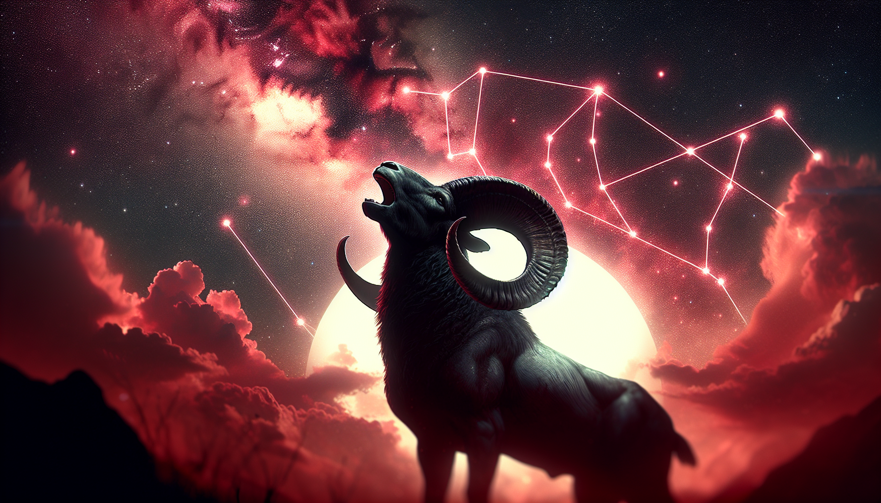 A ram ♈🐏 howling toward the sky under a glowing red Aries constellation.