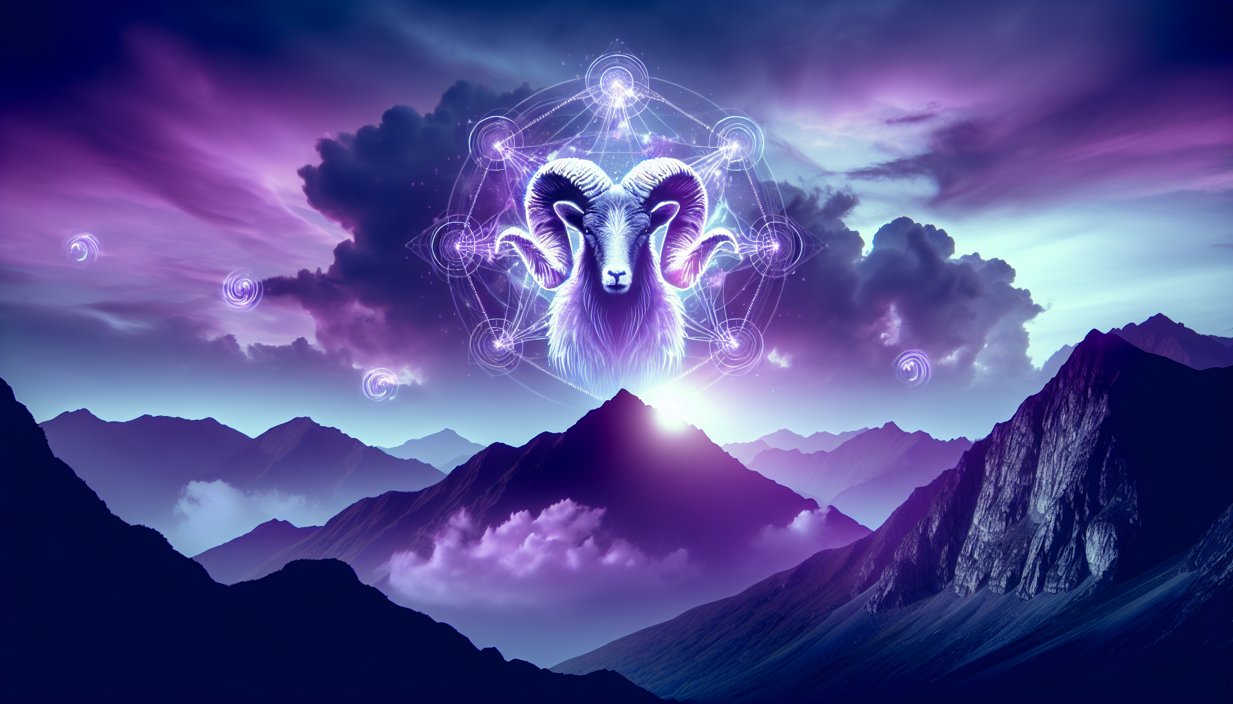 A glowing ram ♈🐏 spirit appearing at the summit of a mountain under a purple sky.
