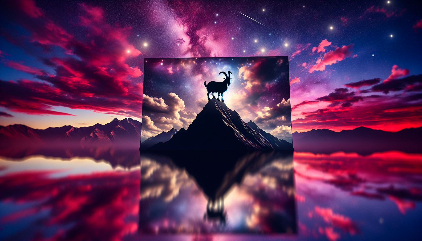 A majestic goat silhouette standing on a black mountain peak under a glowing red and purple sky.