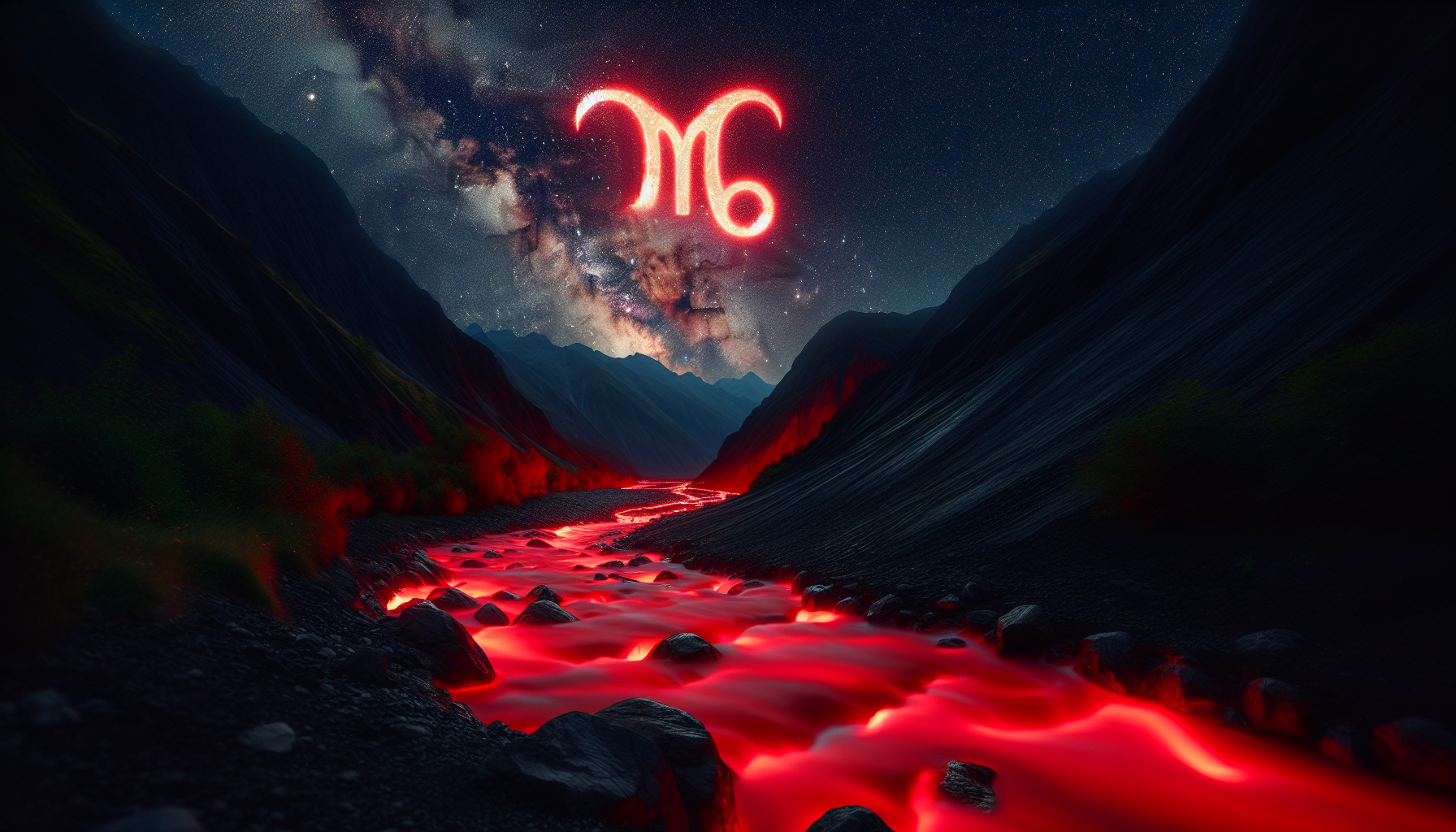 Crimson glowing rivers flowing from black mountains, Capricorn glyph glowing above.