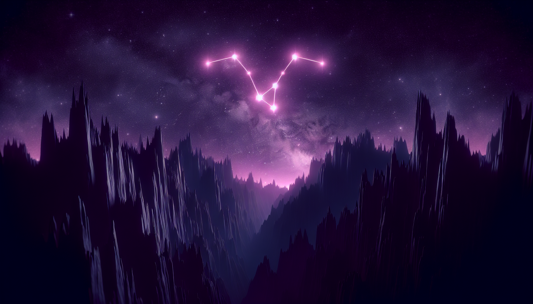 A surreal glowing purple Capricorn constellation hovering over black jagged cliffs.