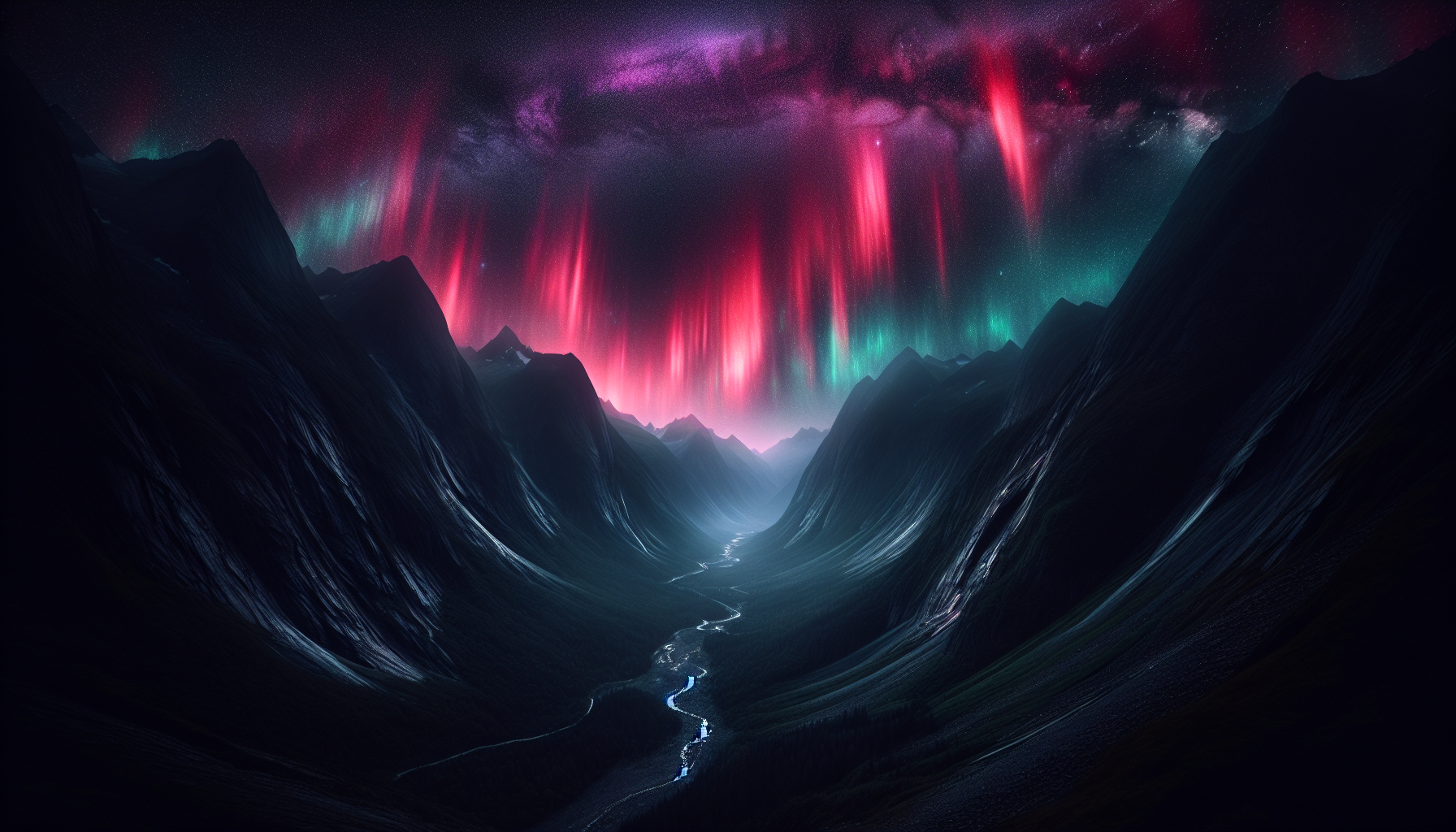 A misty black mountain valley with red aurora and purple starlight.