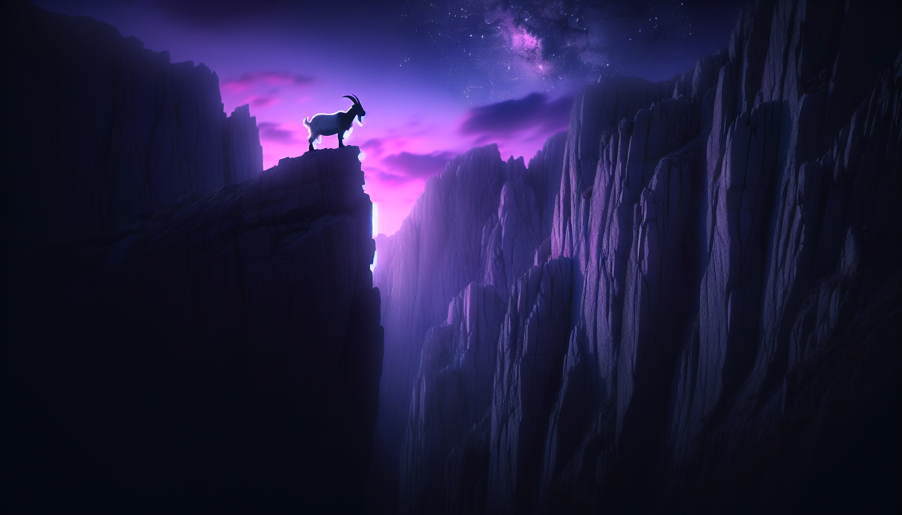 A lone goat standing on black cliffs with purple glowing sky.