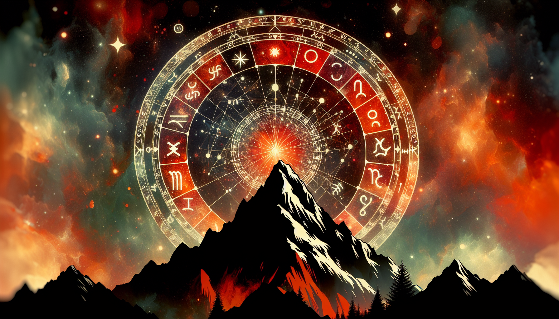 Black mountain silhouette with red glowing zodiac wheel highlighting Capricorn.