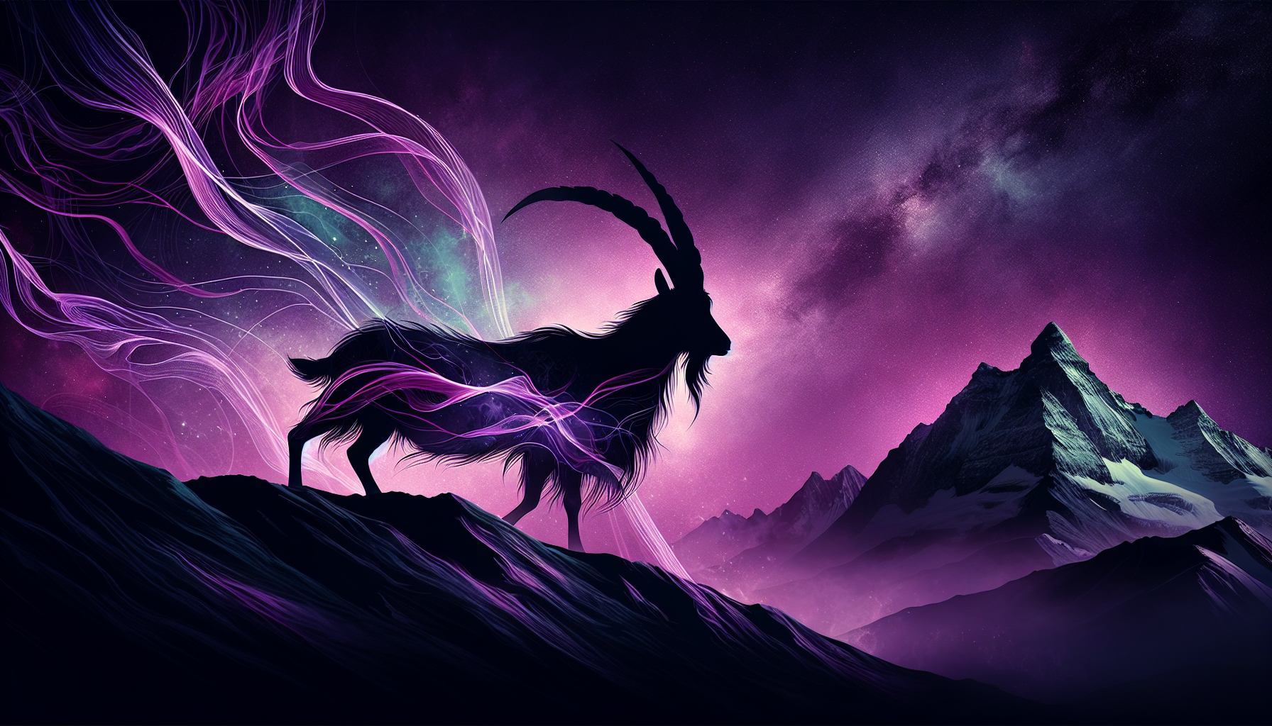 A surreal cosmic goat silhouette with purple energy lines running across black mountains.