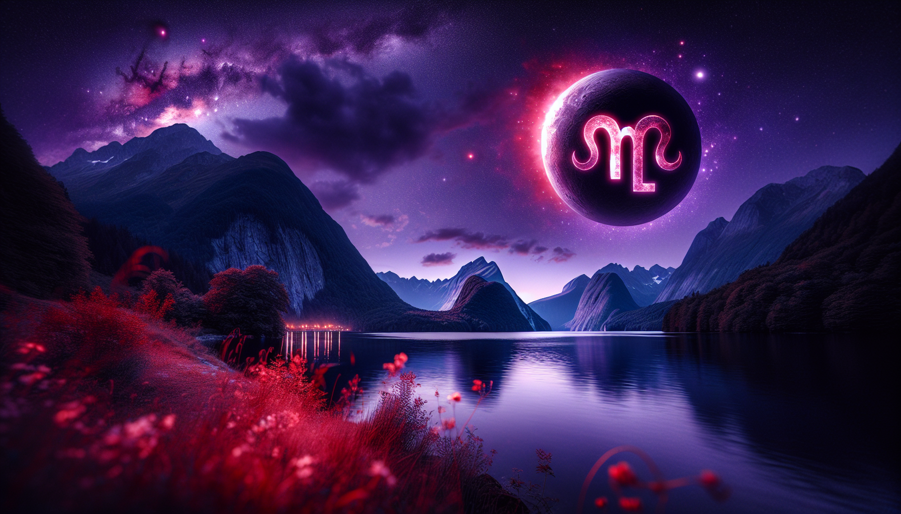 A mystical black mountain lake reflecting a red moon and purple Capricorn glyph.