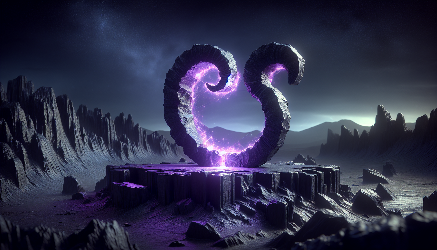 A glowing purple portal embedded in black rock shaped like the Capricorn glyph.