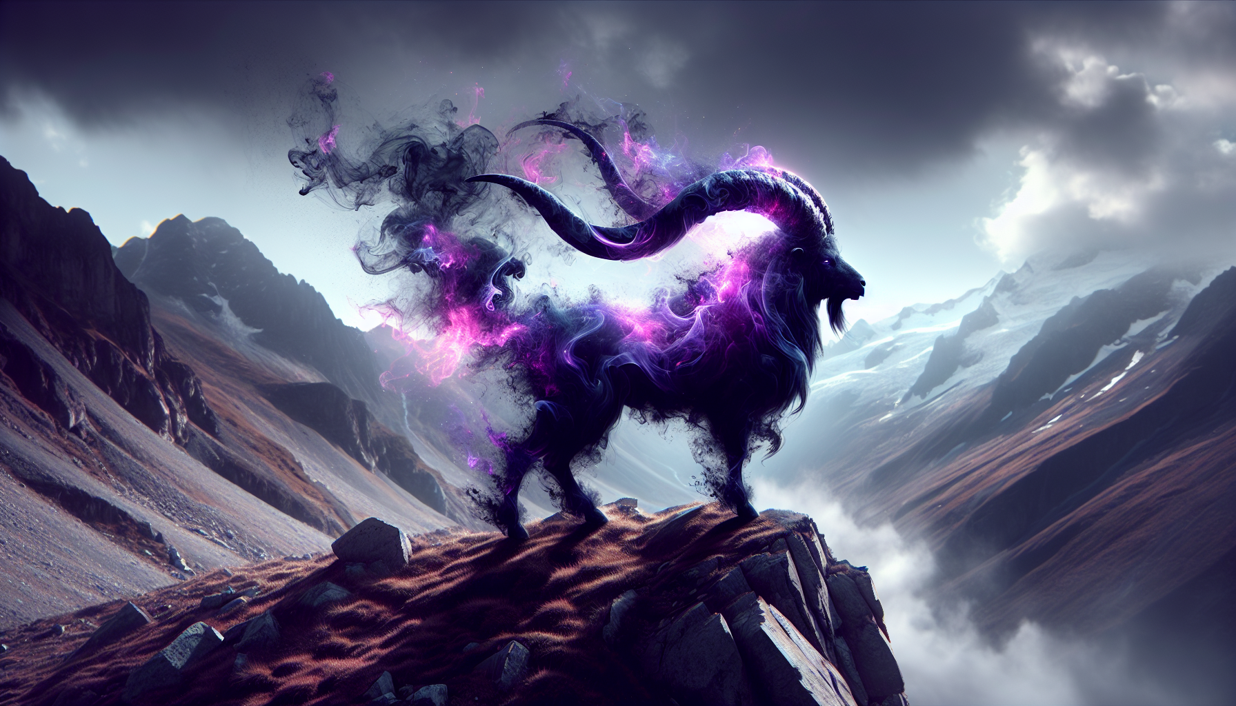 A Capricorn goat made of black smoke and purple light, standing on a mountain edge.