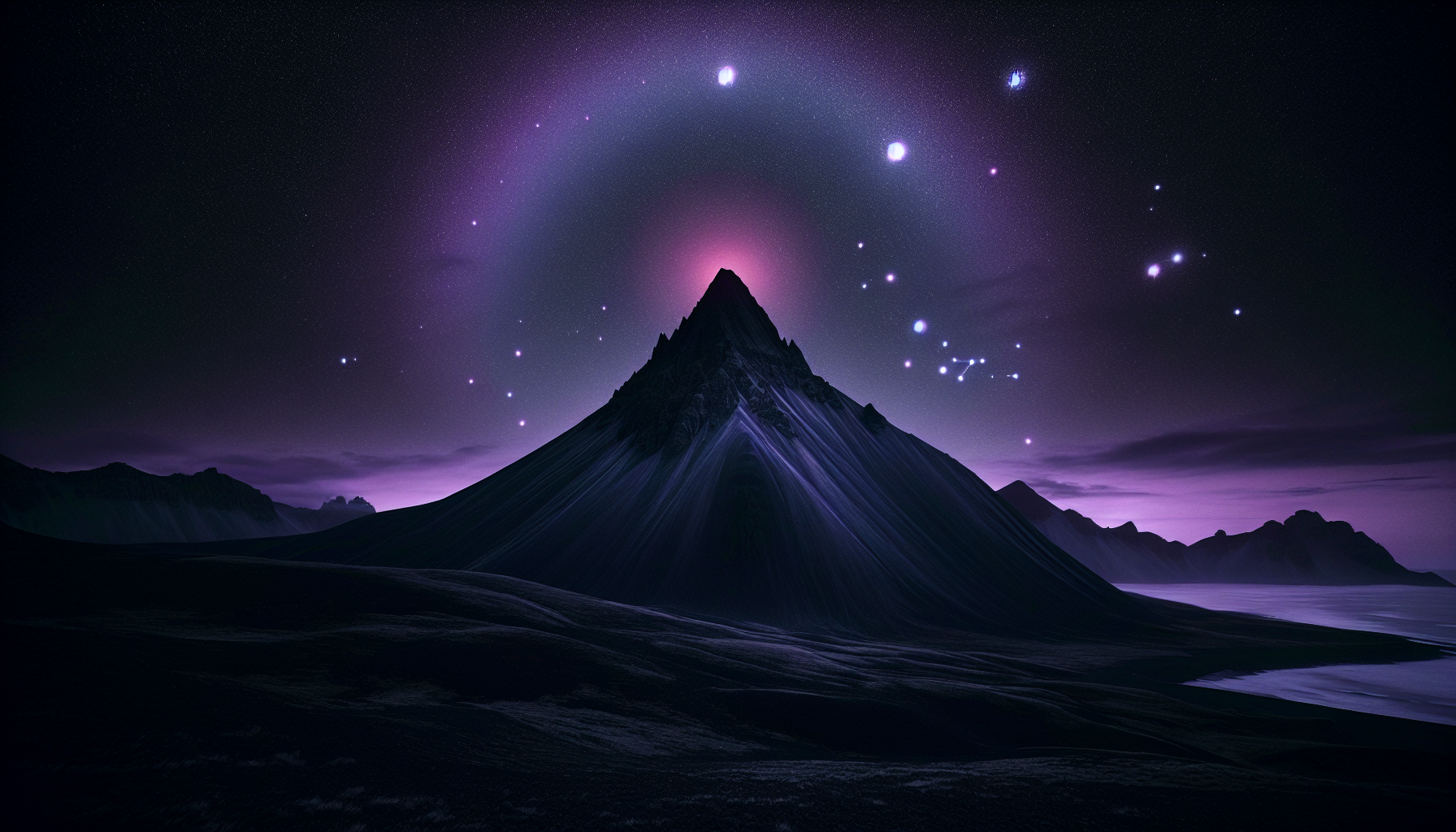 A black mountain peak surrounded by a purple halo and red Capricorn constellation above it.