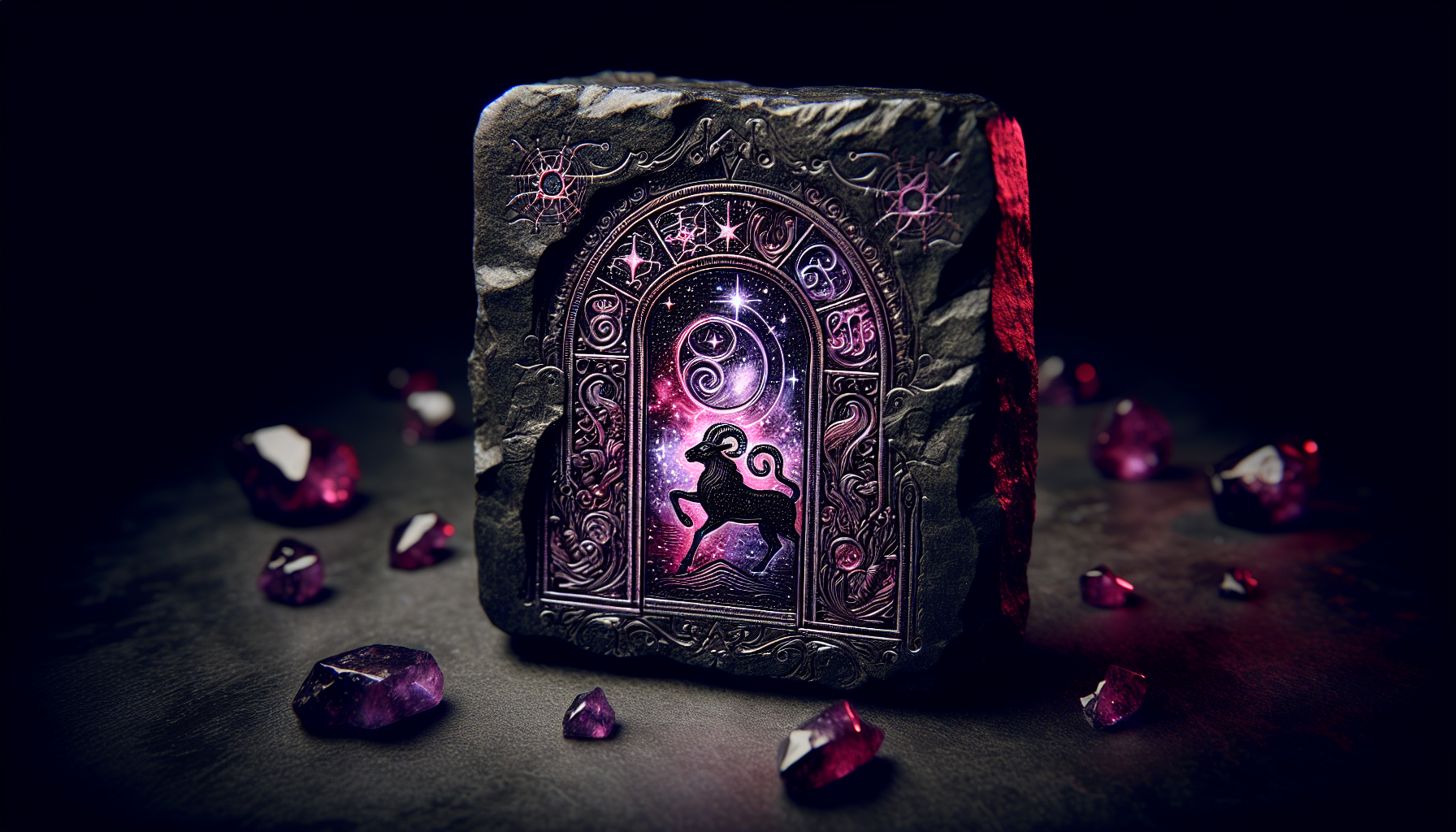 A mystical cosmic doorway carved into black stone, glowing purple and red runes of Capricorn.