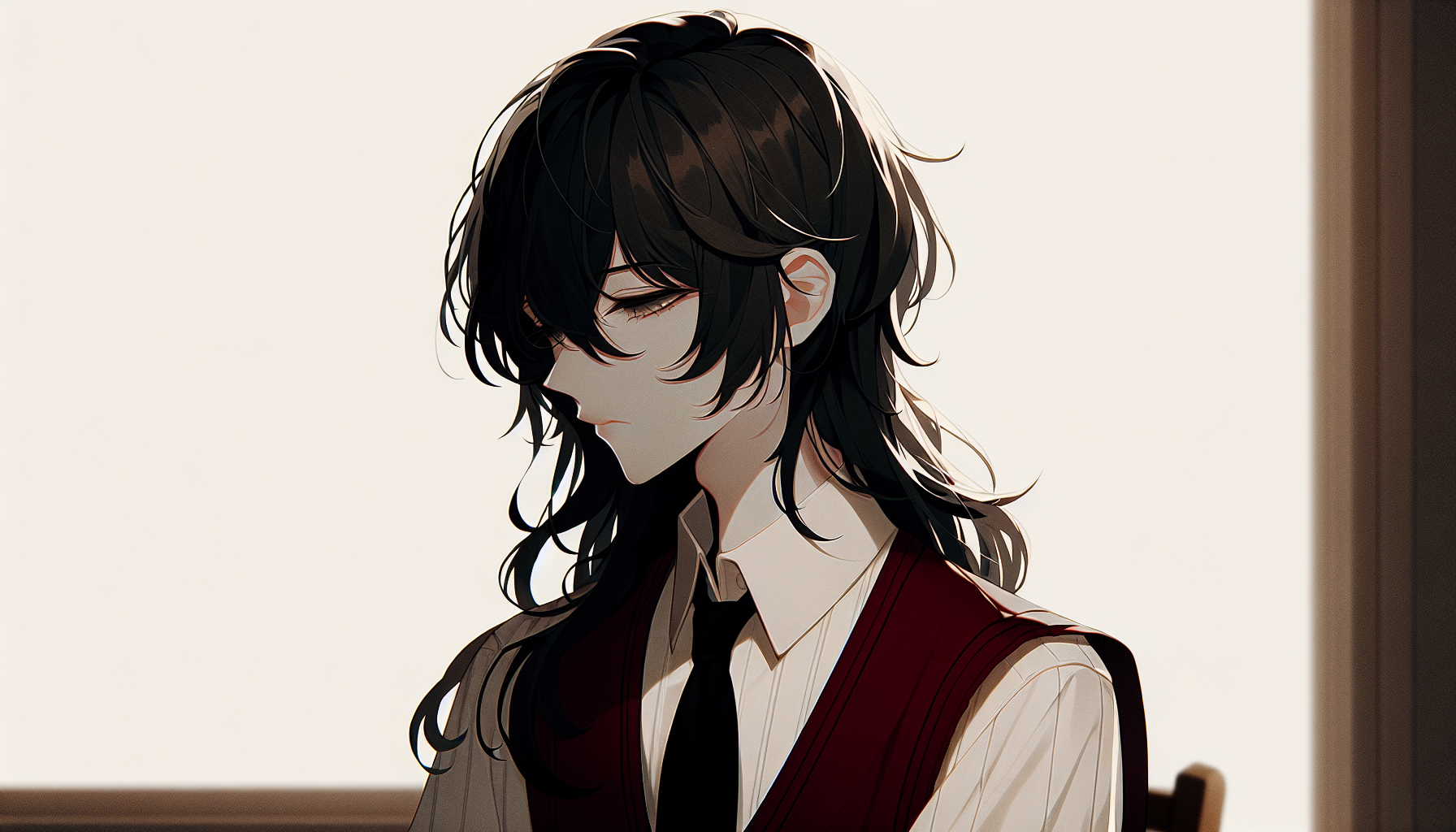 A delicate and melancholic anime-style portrait of a young person with long, wavy black hair. The character is shown in profile, looking slightly downward with a soft, wistful expression. Their eyes are half-open, conveying a sense of quiet thoughtfulness or gentle sorrow. They wear a collared white blouse under a deep red vest (a formal suit-style vest). The overall mood is calm, introspective, and elegant, with soft lighting and minimal background to emphasize the character’s graceful silhouette and emotional depth.
