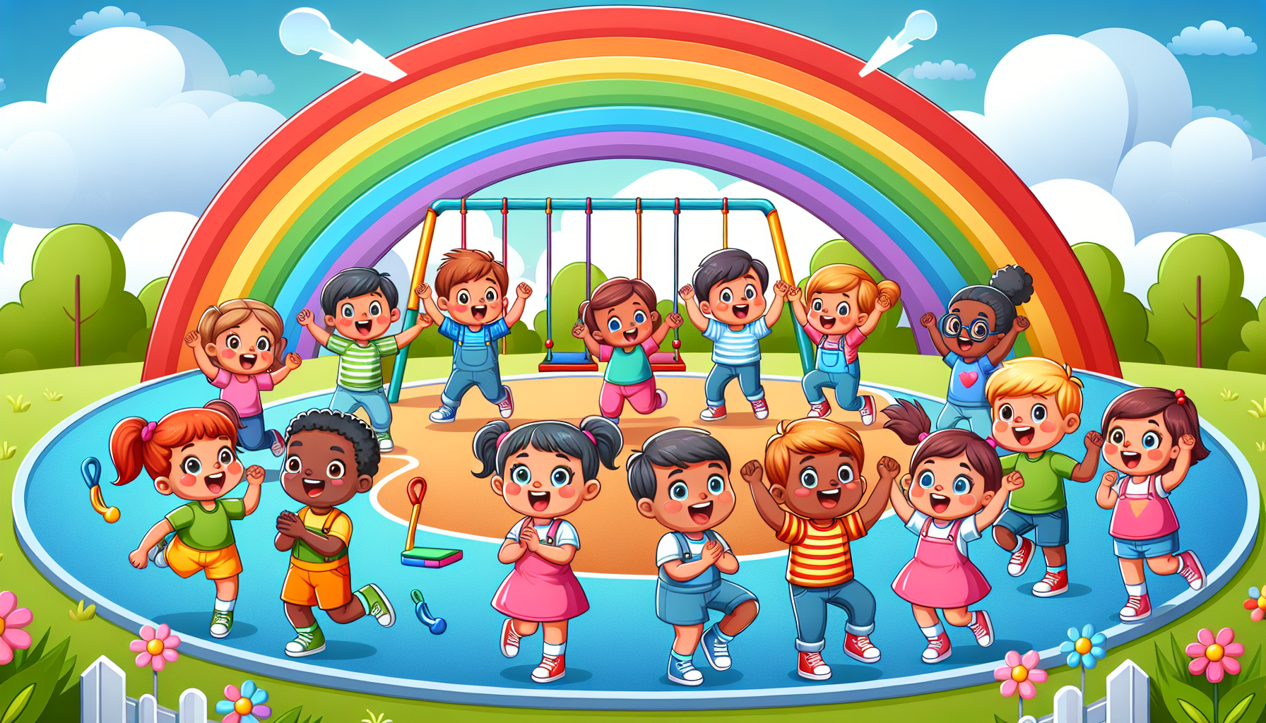 E. “Clap, stomp, jump around,”
Prompt: Cartoon children clapping hands, stomping feet, and jumping up. Playground background with swings and slides. Bright rainbow sky.
