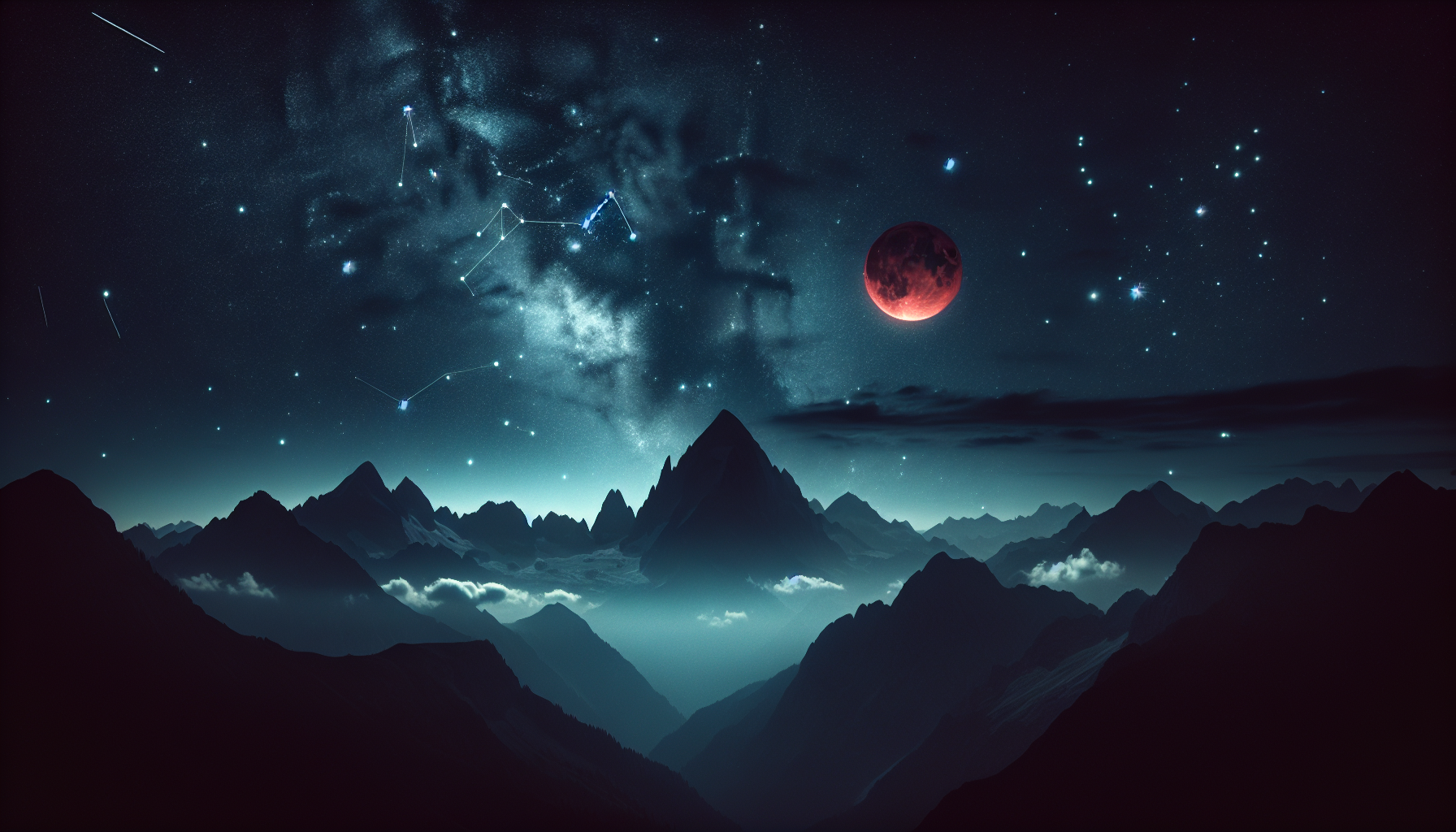 Mysterious night sky with Aries constellation shining above shadowy peaks, deep red moon low in horizon”