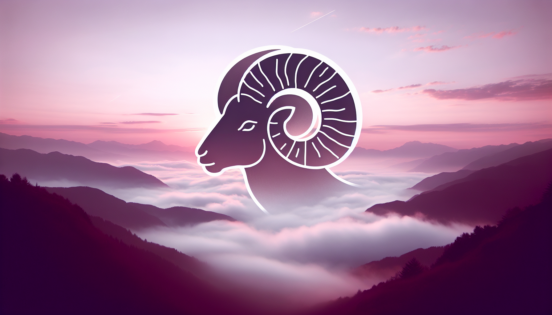 Soft aesthetic Aries wallpaper — ram outline, mountain mist, gentle purple-red balance, low contrast”