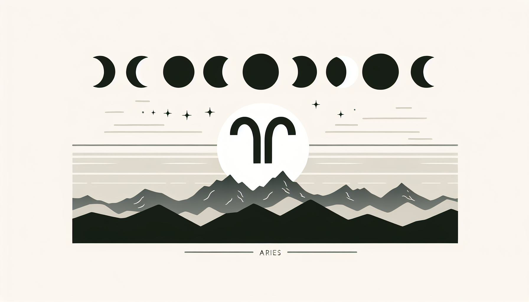 Quiet astrology landscape — moon phases above Aries symbol, calm mountains below, minimalist art”