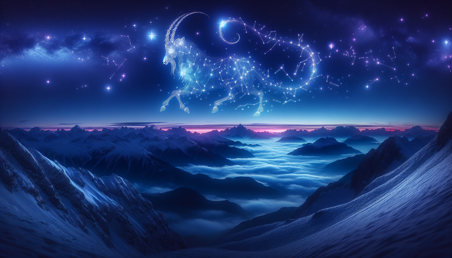 The Capricorn constellation shimmering faintly over snowy mountain tops in twilight.