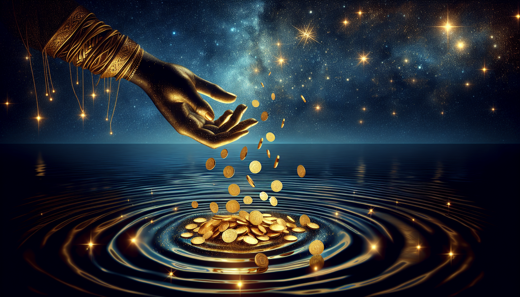 An elegant hand releasing coins into a dark lake beneath a starry night.