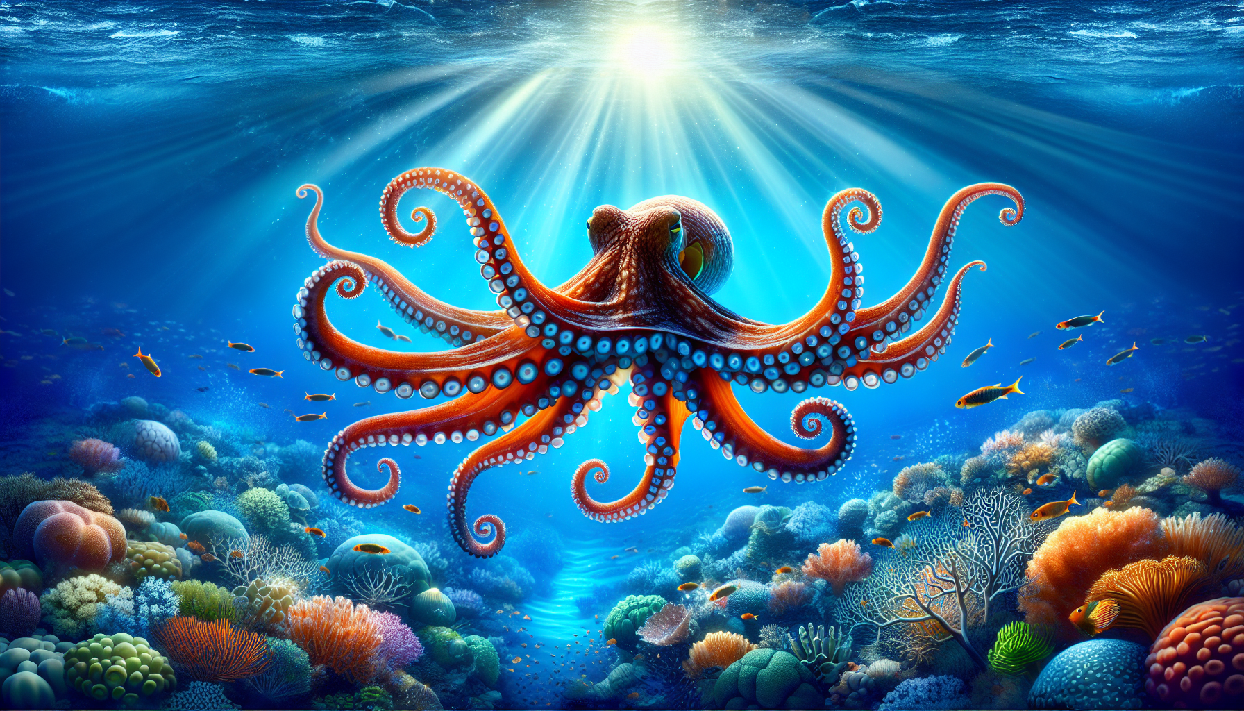 A vibrant, illustrative depiction of an octopus swimming in the ocean, with its eight arms flowing in the current. The background should feature coral reefs and schools of fish, with sunlight filtering through the water. The octopus should have large, expressive eves and a friendly demeanor.