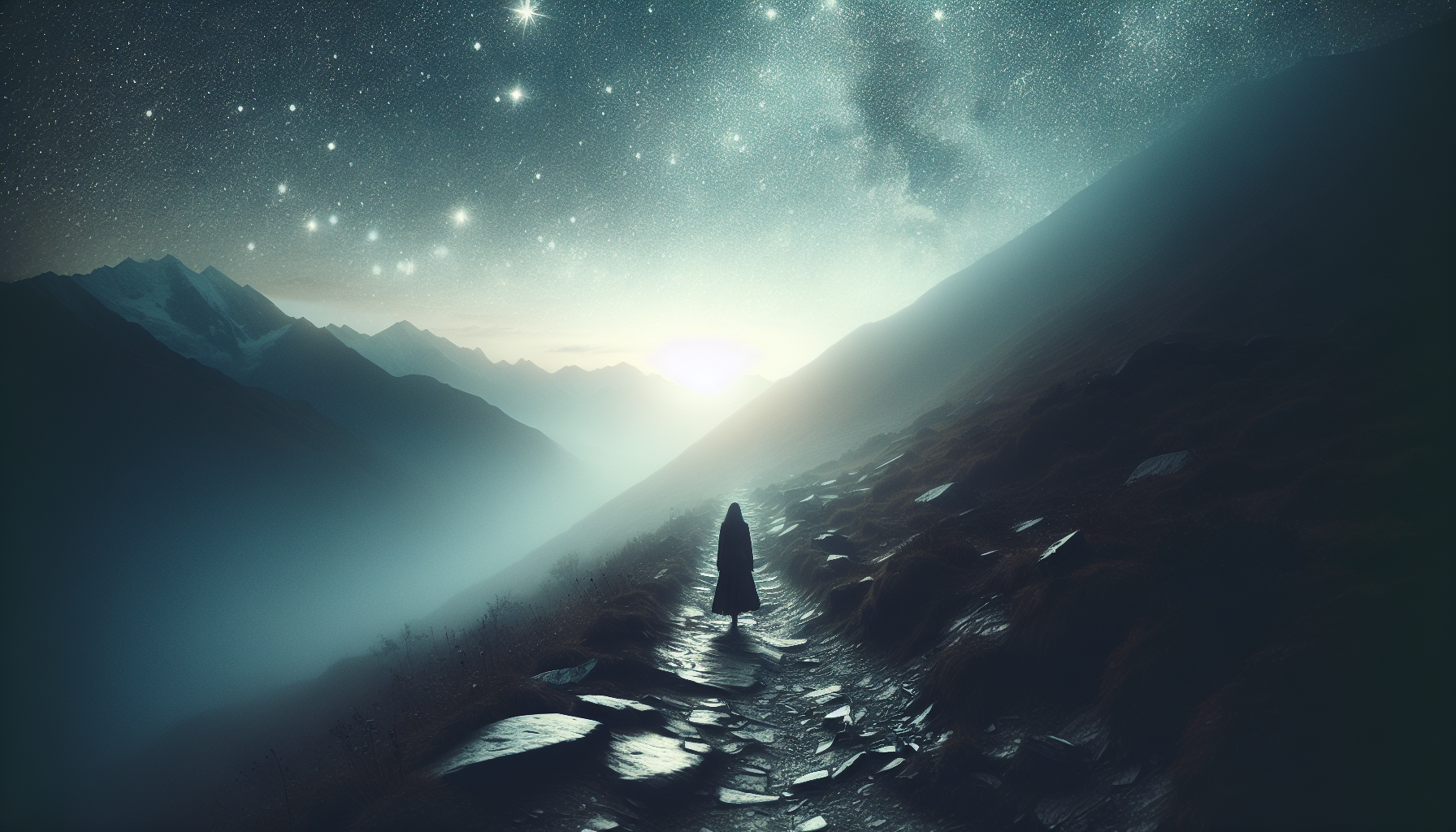A calm figure walking on a mountain trail with glowing stars guiding the way.